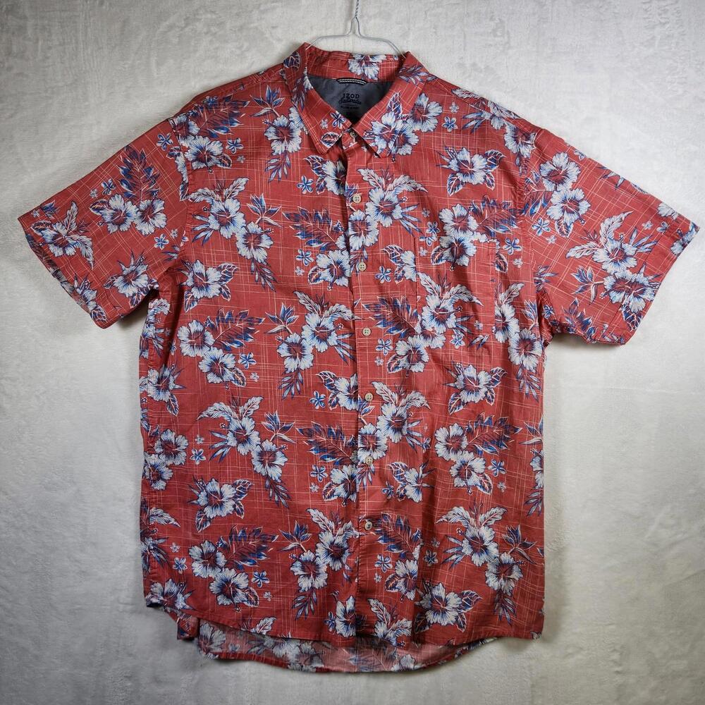 Izod Saltwater Hawaiian Tropical Short Sleeve Button Up Shirt Red Size 2XL